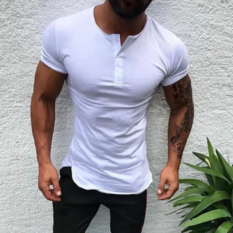 

Stylish Solid Color Tee Tops Men T Shirt Short Sleeve Bodybuilding Tees Male Clothes Fitness Fashion Round Neck Casual T-shirts