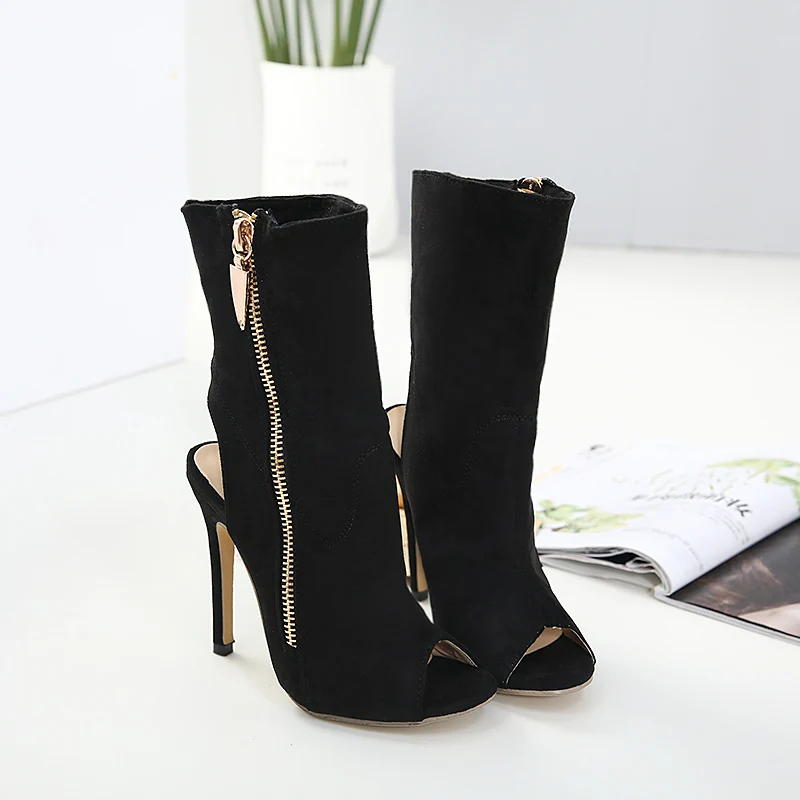 

botas feminina sandals high heels black gold zipper ankle boots woman leather peep toe summer shoes woman fashion zapatos mujer