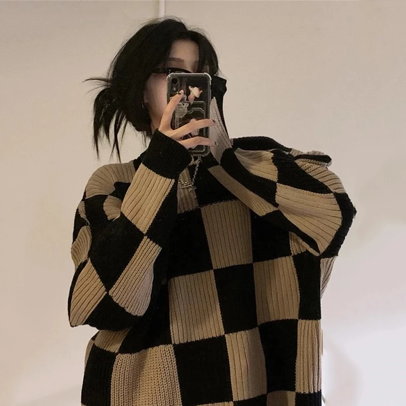 

Checkboard Plaid Knitted Wool Sweater Women Harajuku Fashion Soft Jumper Patchwork Oversized Loose Vintage Pullover Female H885