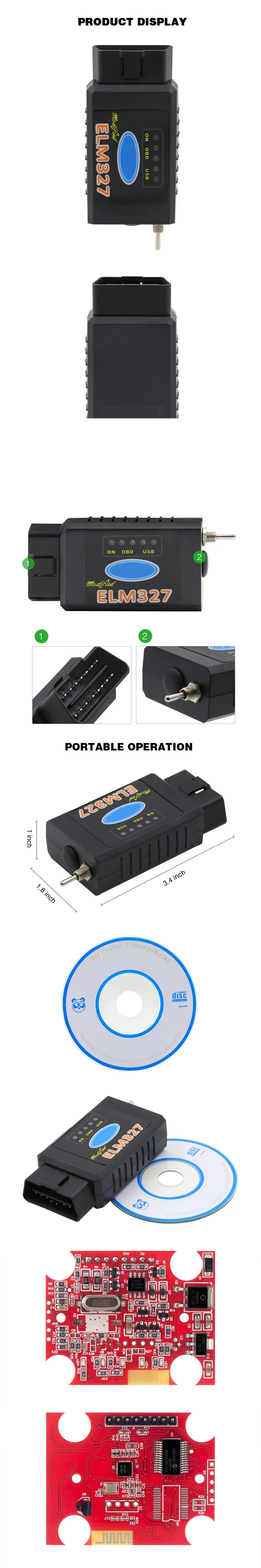 PIC1825K80 ELM327 USB V1.5 для Ford чип FTDI с переключателем HS/MS может для Forscan автомобильный диагностический инструмент& ELM327 версия Bluetooth