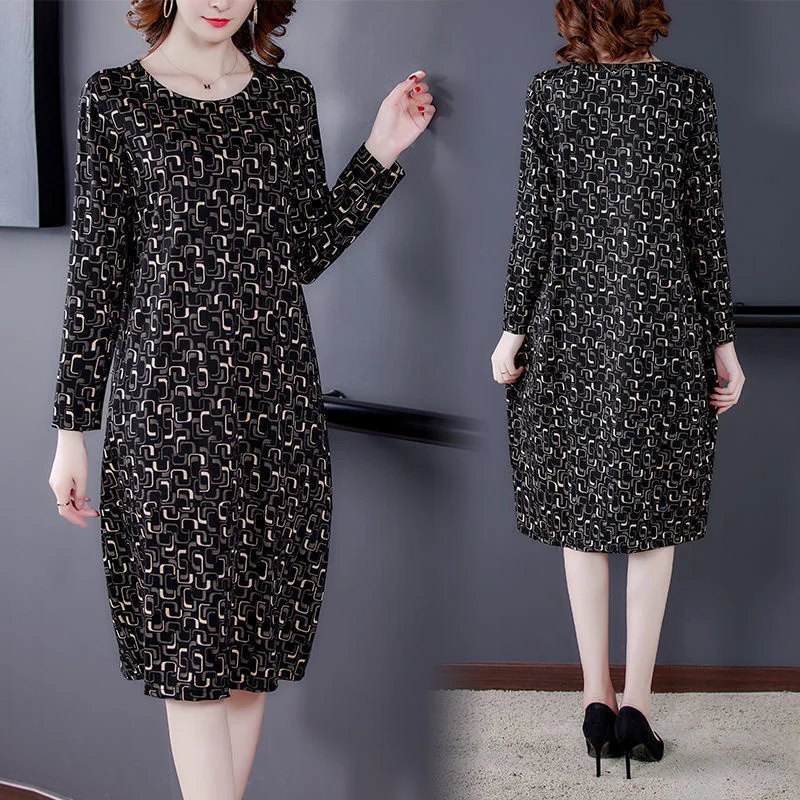 

2021 Early Spring Autumn New Printed Long-Sleeved Dress Loose Retro Korean French Style Medium Length Suitable For Mature Girls