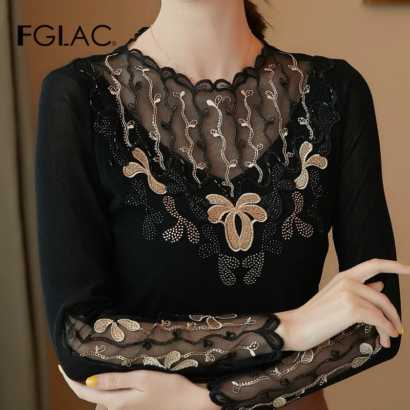 

FGLAC Women blouse shirt New Arrivals long sleeve mesh tops Elegant slim Embroidery Women tops and shirt plus size blusas