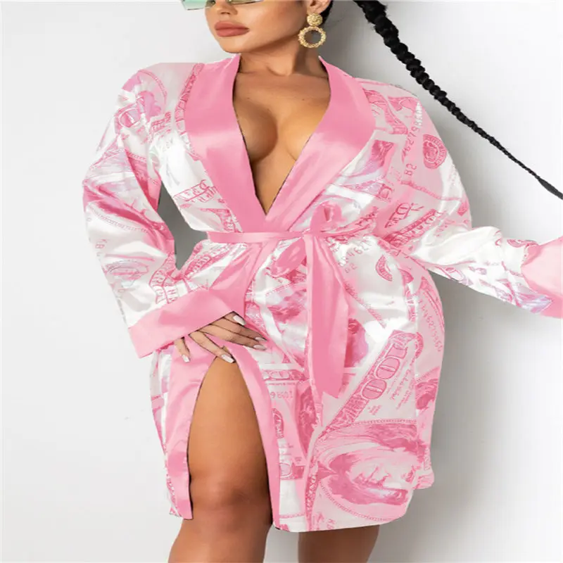 

Women's Long Sleeve Satin Robe Ladies Trendy Dollar Print Silky Kimono Bathrobe Sleepwear with Belt Fashion Nightwear 2020