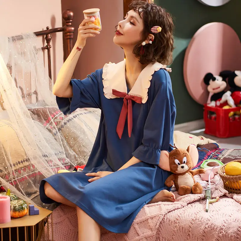 Summer Nightdress Pajamas Women's Summer Cotton High Grade Short Sleeve Long Over The Knee Cotton Home Clothes