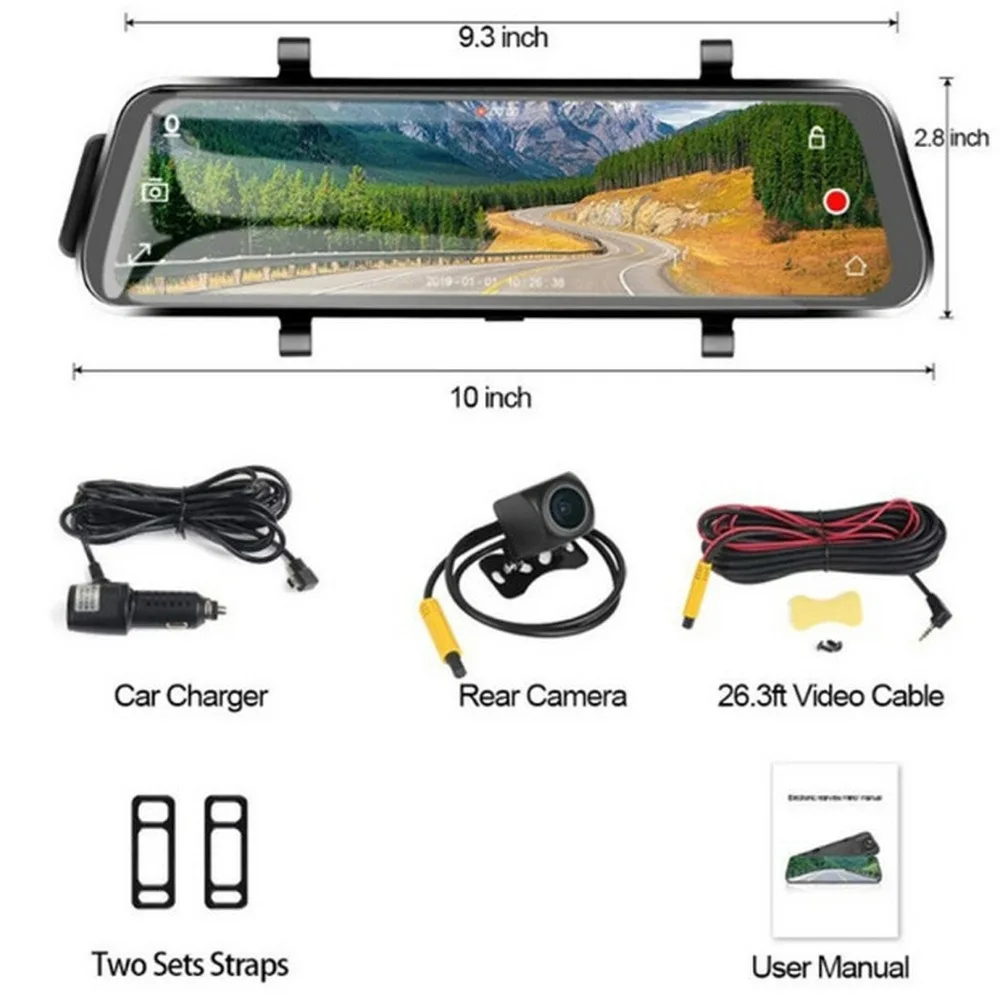 

10 inch Touch Screen Car RearView Mirror HD Telescopic Lens Media CarLog Full Screen Intelligent Rear View Camera Recorder Dash