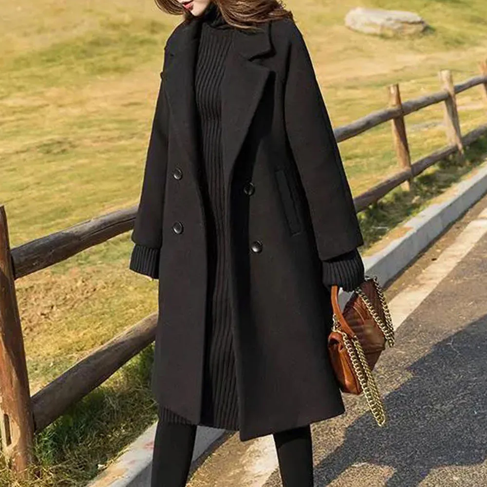 

2022 New Autumn Winter Black Woolen Coat Women Mid-length Korean Loose Hepburn Style Thick Overcoat Casual Office Lady Outwear