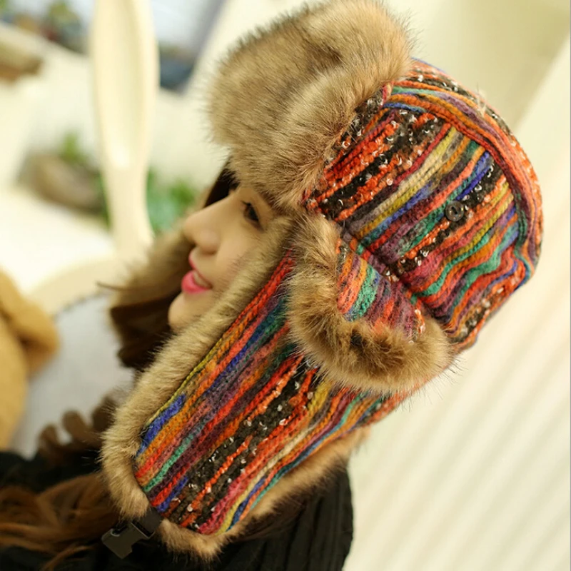 

Russian Ushanka Hats With Earflap Women Colorful Bomber Hats Ladies Windproof Snow Thicker Warm Winter Fur Caps 2020