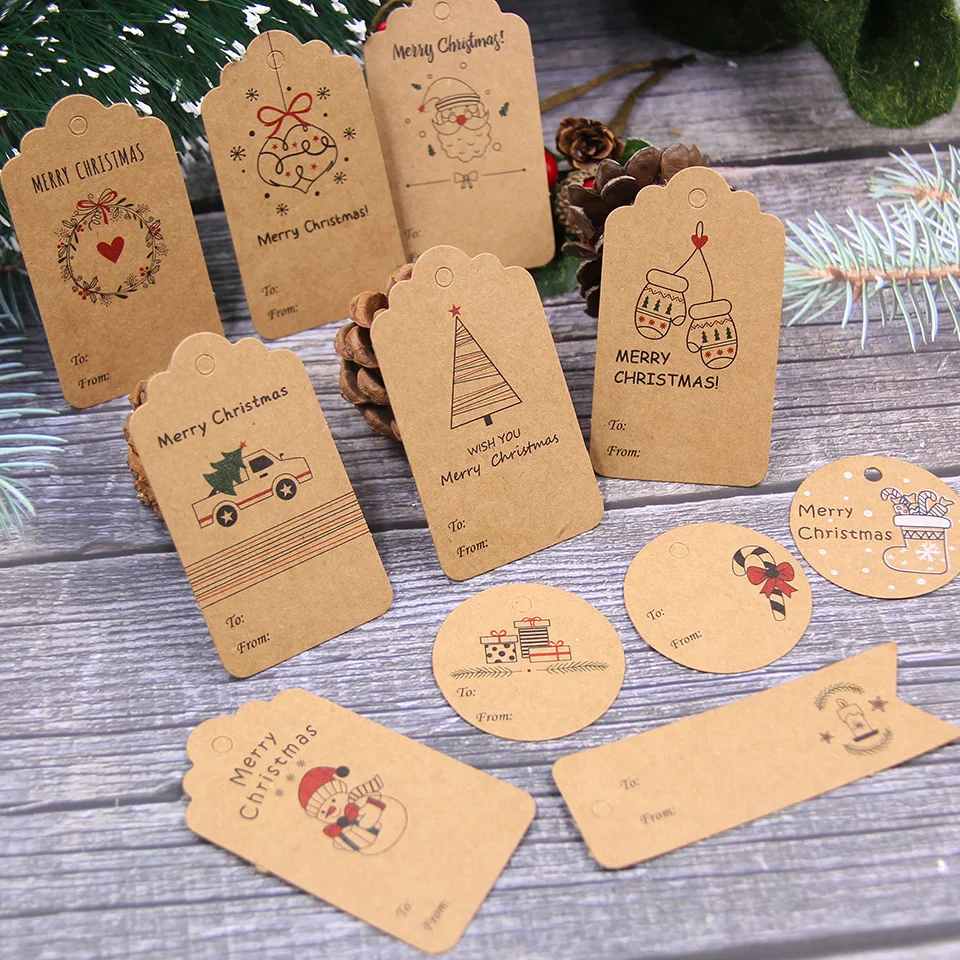 50 Uds Navidad etiquetas de papel Kraft con cuerda de cáñamo ciervo/árbol/Santa Claus para 2021 de