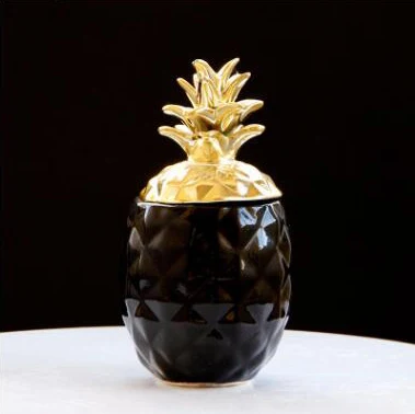 Small black gold Нордическая Золотая Серебряная керамическая банка для хранения Форма ананаса ювелирный контейнер коробка украшения домашний декор женские подарки фигурки - Цвет: Small black gold