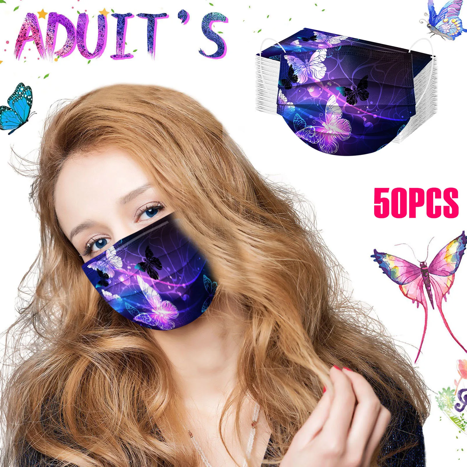 

50PCS Adult Mask Butterfly print Disposable three-layer Breathable protection for Dustproof Windproof Outdoor Facemask Masque