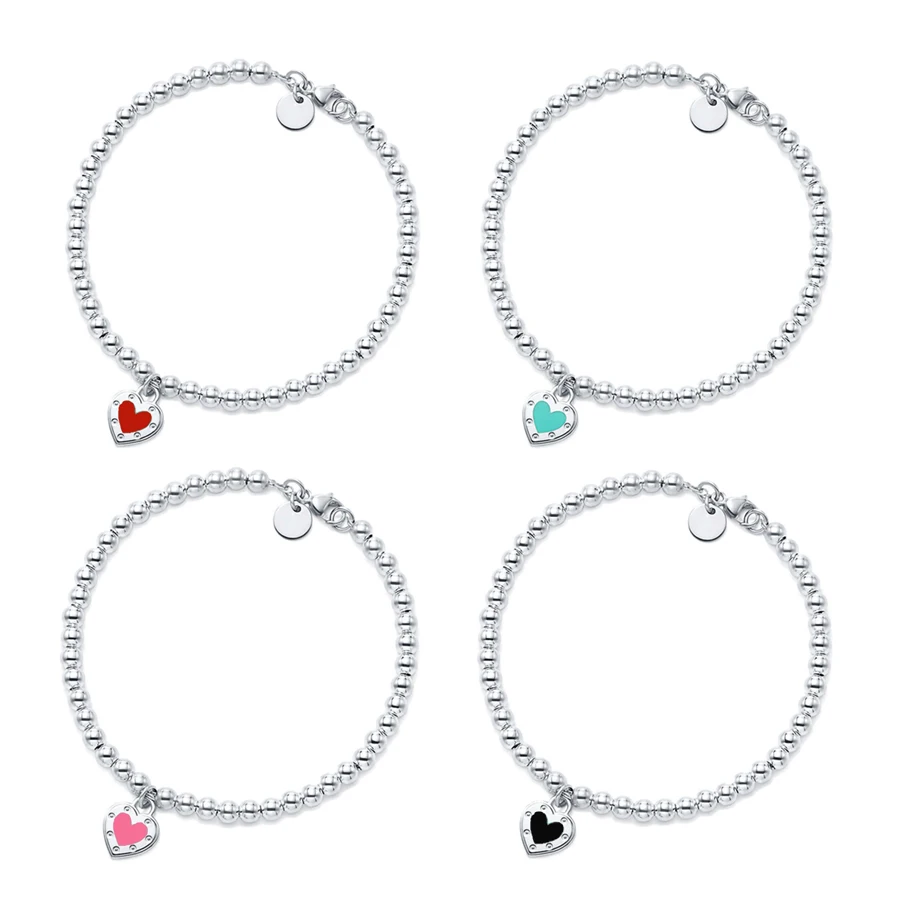 

925 Sterling Silver Women's 4mm Bead Chain Enamel Heart Charm Pendant Bracelet Quality Jewelry Gift Luxury Brand 2021 Trend