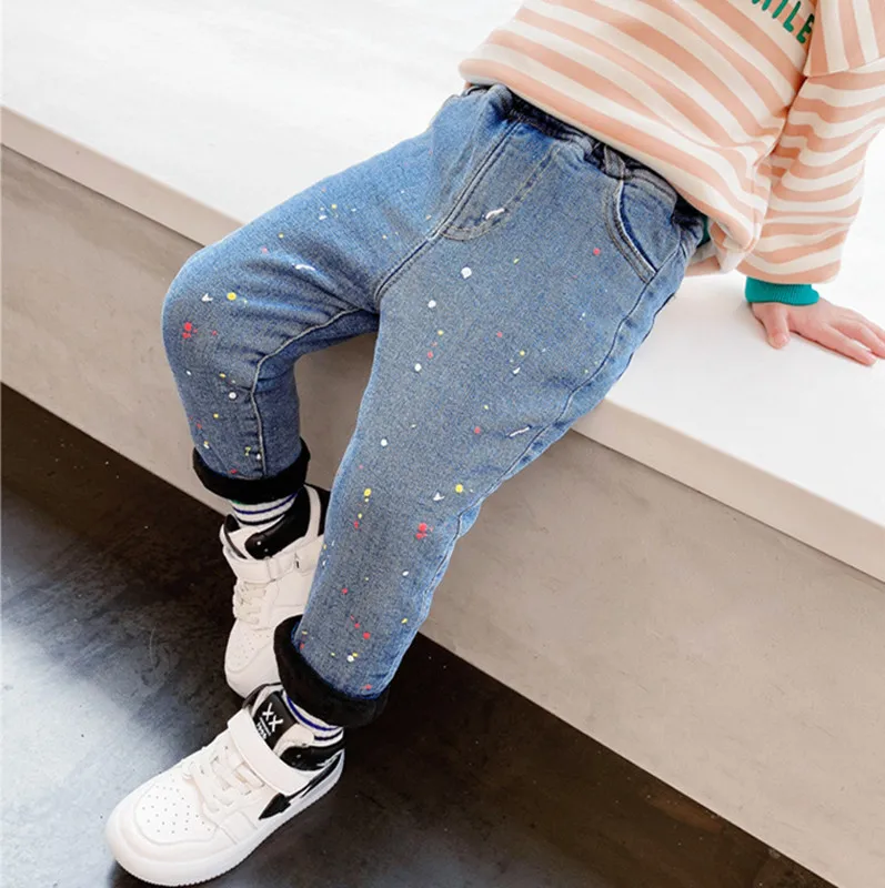 

DFXD Winter Baby Girls Colorful Dot Plus Velvet Jeans Pants New Kids Elastic Waist Warm Denim Trousers Cotton Thick Jeans 1-7Yrs