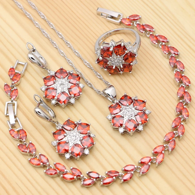 

Flower Shape Silver 925 Bridal Jewelry Sets For Women Red Cubic Zirconia Ring Bracelet Necklace Pendant Earrings Set