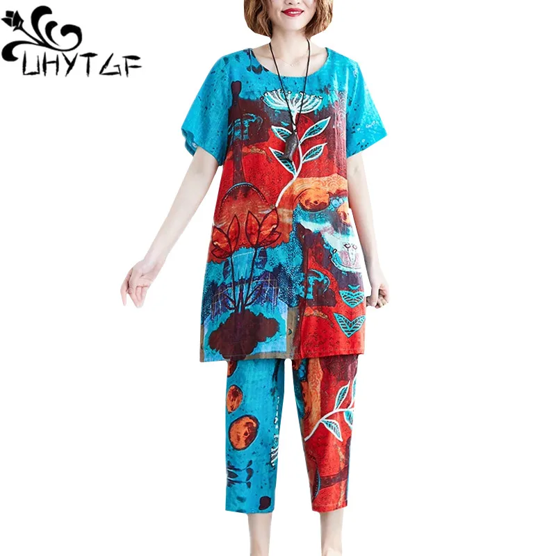 

UHYTGF Casual women summer two piece set fashion printing cotton linen comfortable plus size set elegant mom loose tracksuit 898