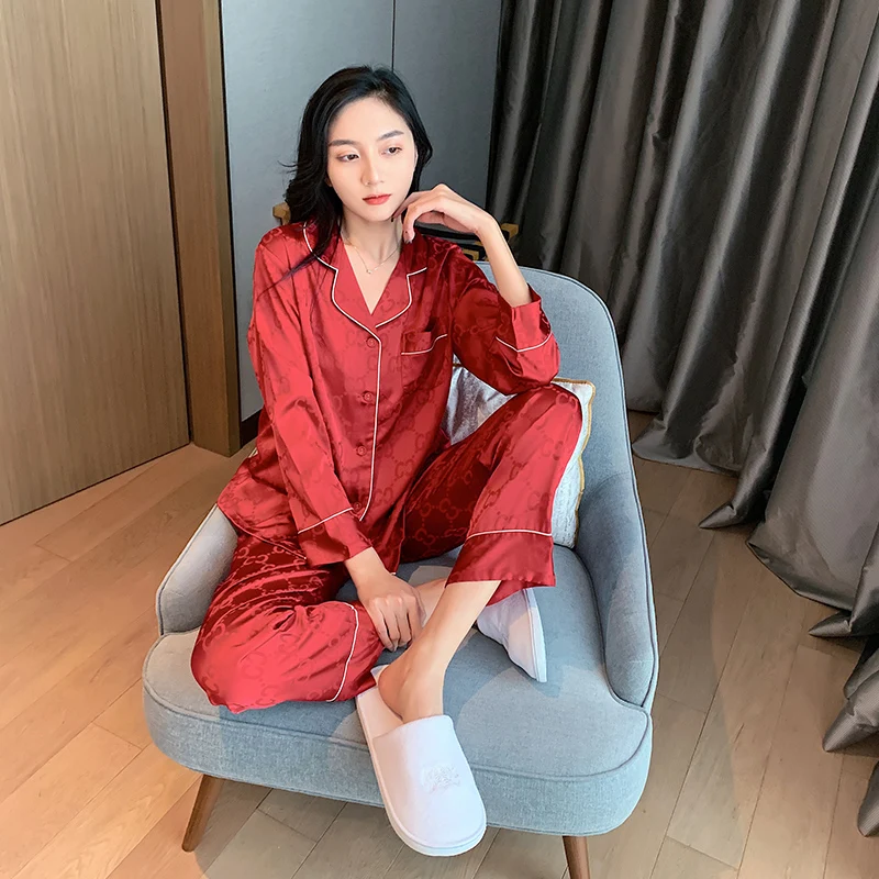 

Spring and summer 2021 new ice silk pajamas female spring and autumn couple wedding red summer suit