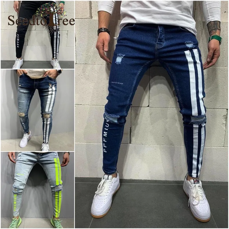 

Stripe Printing Hole Casual Men's Jeans Pencil Pants Slim Denim Trousers