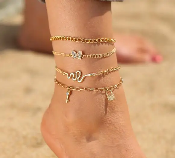 

Delysia King Alloy anklet set retro personality snake chain butterfly lock pendant 4-piece combination foot ornaments