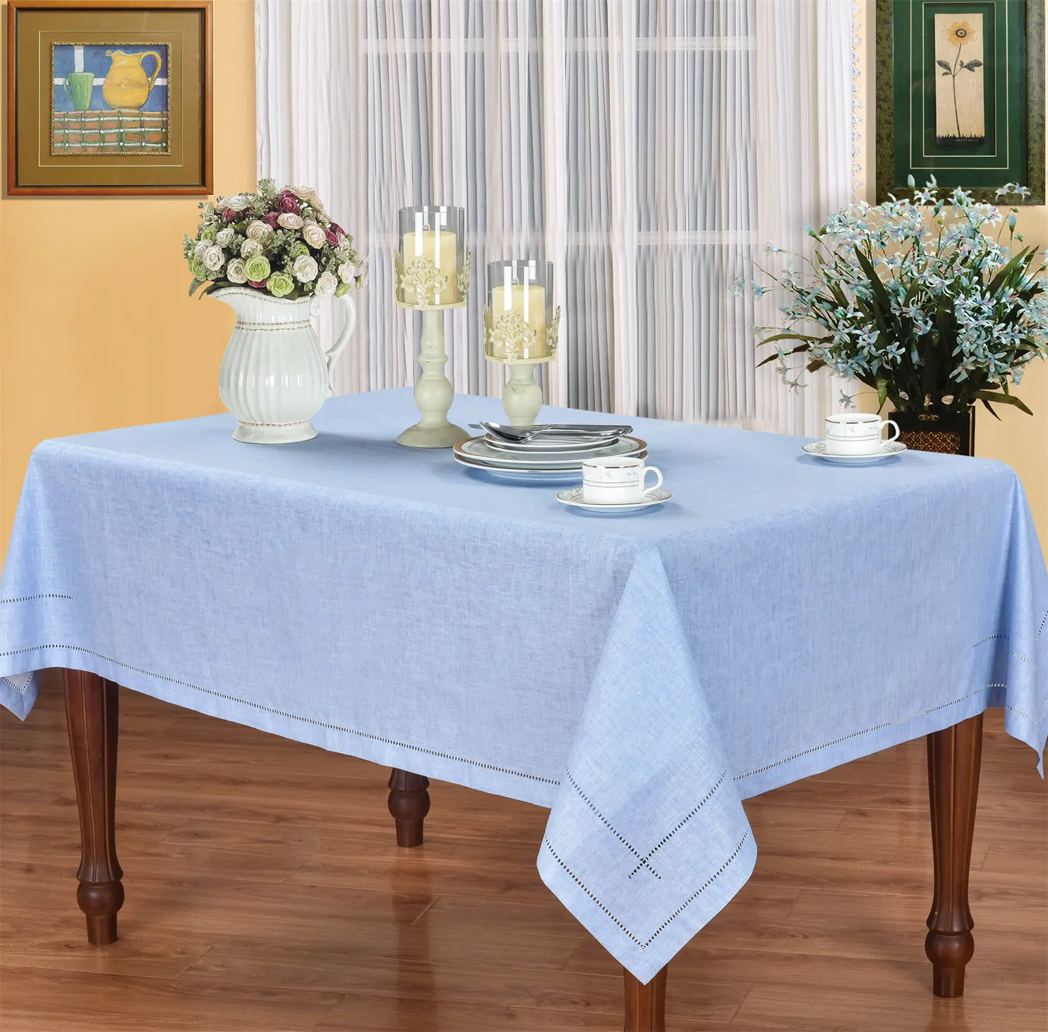 Camellia Casa GHF2015 Classic Hemstitch Linen +Viscone Simple Waterproof Tablecloth Grey Green Blue White Banquet/Hotel/airbnb