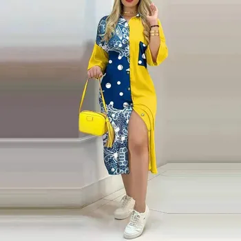 Casual Dresses Women Long Sleeve Shirt Dress Autumn Printed OL Long Dresses Laides Loose Party Dress Maxi Dress Vestidos 1