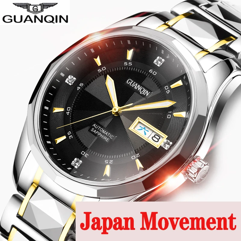 

GUANQIN 2019 Japan Mechanical movement Watch men Tungsten steel men watch week waterproof Automatic clock men Relogio Masculino