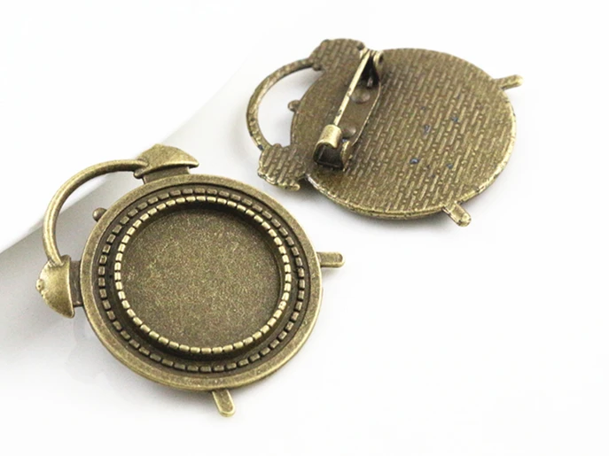 

5pcs 20mm Inner Size Antique Silver Plated And Bronze Brooch Pin Alarm clock Style Cabochon Base Setting