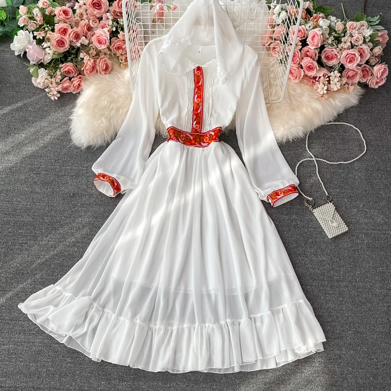 

SHNSIPHI Bohemian Dress Women Autumn Maxi Sleeve Yellow/White Embroidered Hooded Collar Chiffon Vestidos Female Beach Party Robe