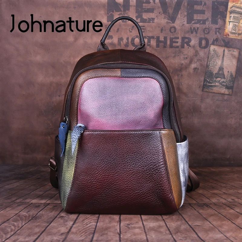 Johnature 2022 New Genuine Leather Vintage Women Backpack Panelled Hand-wiping Random Color Mixing Large Capacity Travel Bags