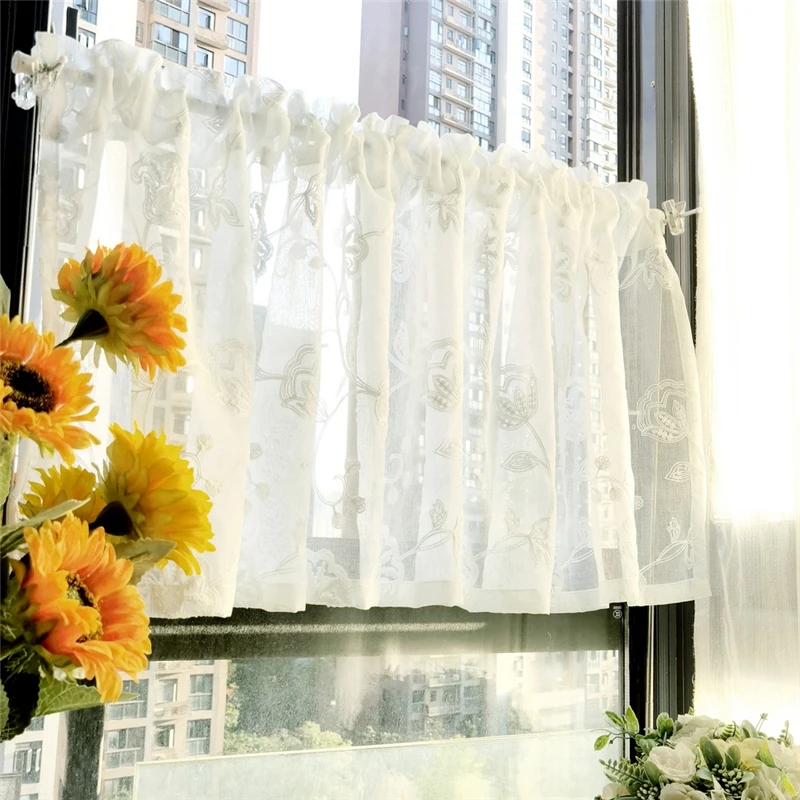 

Embroidery White Morning Glory Short Curtains for Living Room LACE Roman Blinds for Kitchen Small Windows #VT