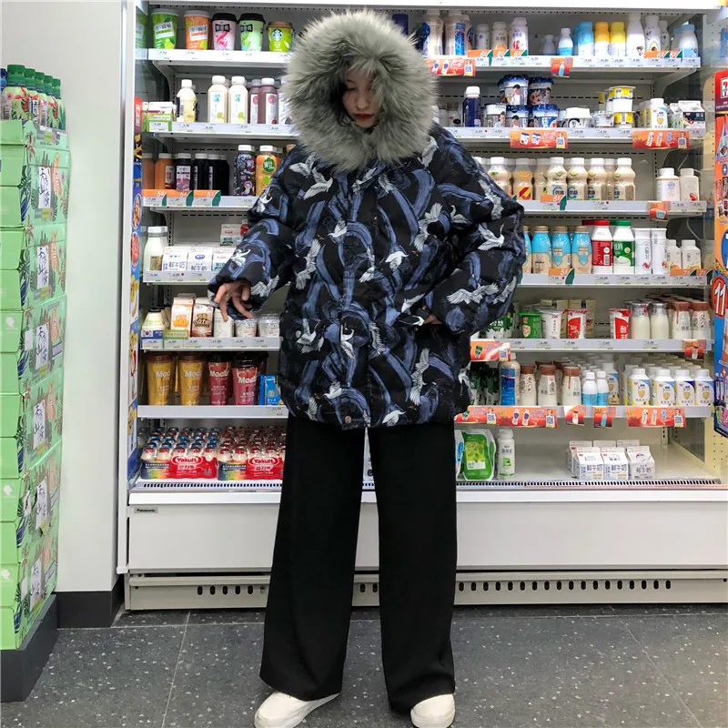 Woherb Harajuku куртки зимняя женская стеганая парка винтажный кран печати свободная японская стеганая куртка с капюшоном Femme Chaqueta Mujer