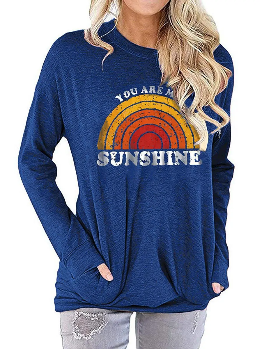 

2021 Autumn and Winter Female Hoodie Letter Rainbow Printing Loose Round Neck Pocket Long Sleeve T-shirt
