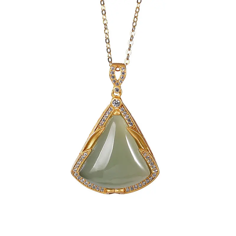 

S925 sterling silver gold plated Natural Hetian jade Gray jade Pendant Retro Geometry Triangle Women's pendant