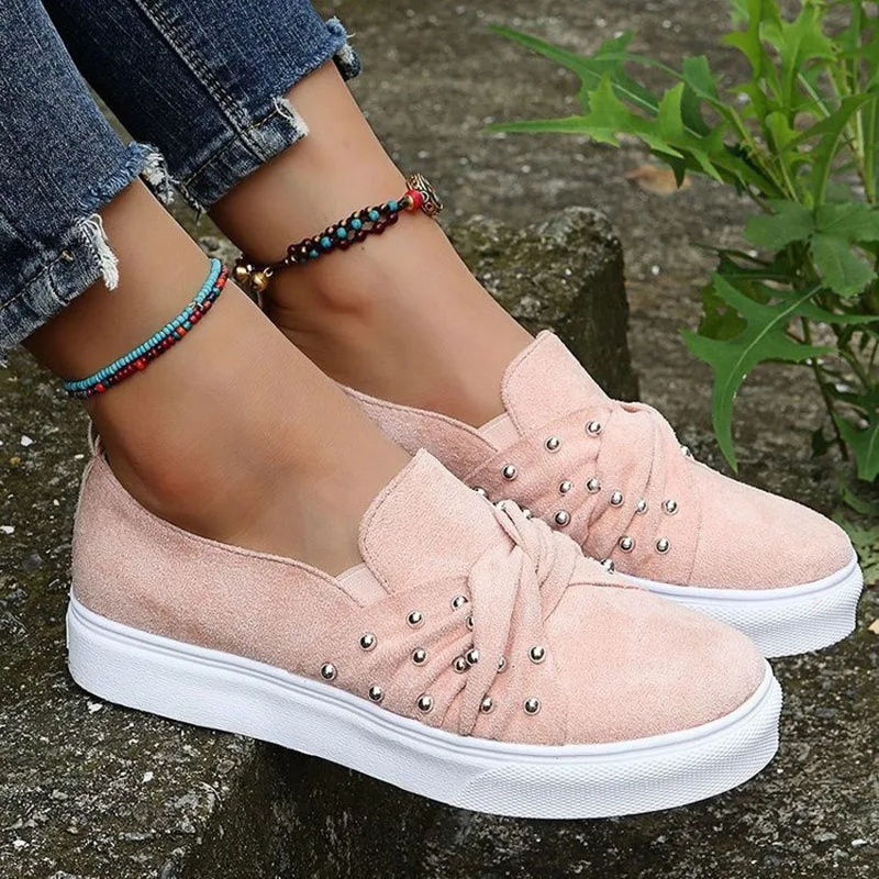 

Woman Pleated Vulcanized 2021 Women Rivet Flats Ladies Knot Casual Sneakers Female Slip On Loafers Women Footwear Plus Size