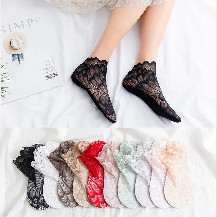 

Сексуальные женские носки, весна-лето, сетчатые носки до щиколотки с цветочным принтом, однотонные кружевные тонкие повседневные Модные же...