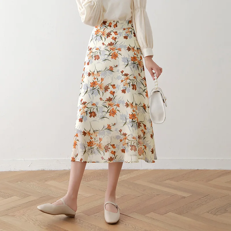 

Chiffon floral skirt mid-length drape women's Nice spring and summer new high-waisted thin and fresh a-line long skirt