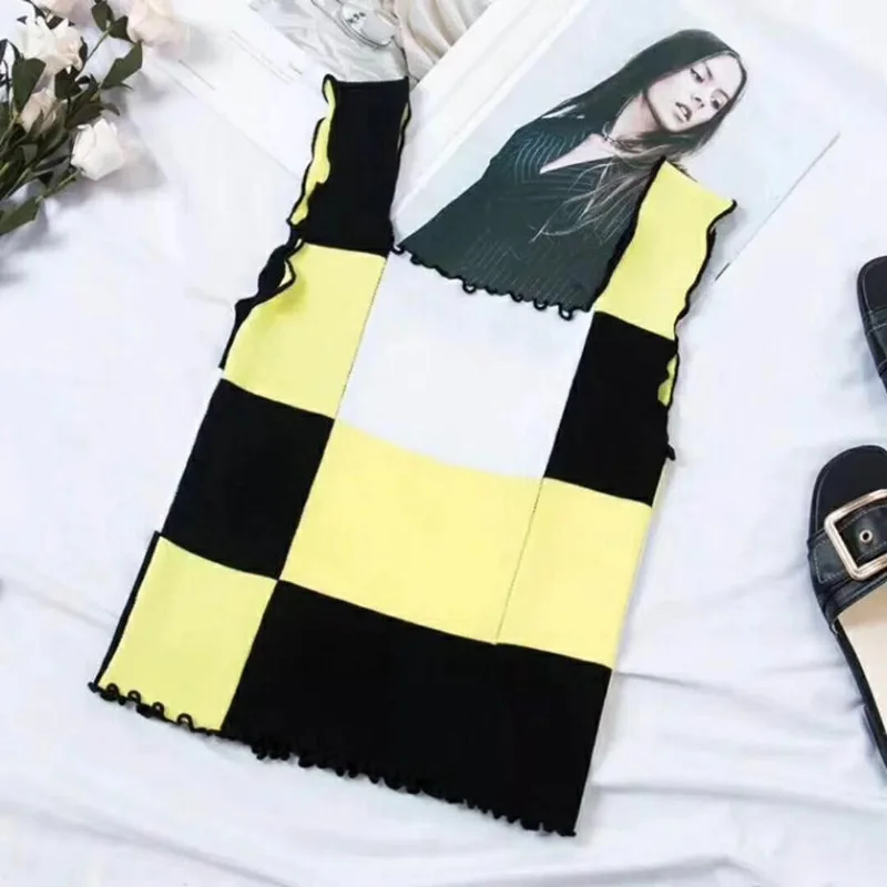 Корейский стиль летний сексуальный топ Клетчатый Ремень Гофрированный Тонкий