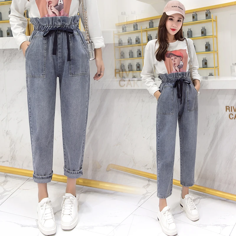 

Lucyever Jeans Women Autumn High Waist Fashion Ruffles Ankle-Length Denim Pants Casual Cotton Harem Bow Female Trousers 2021