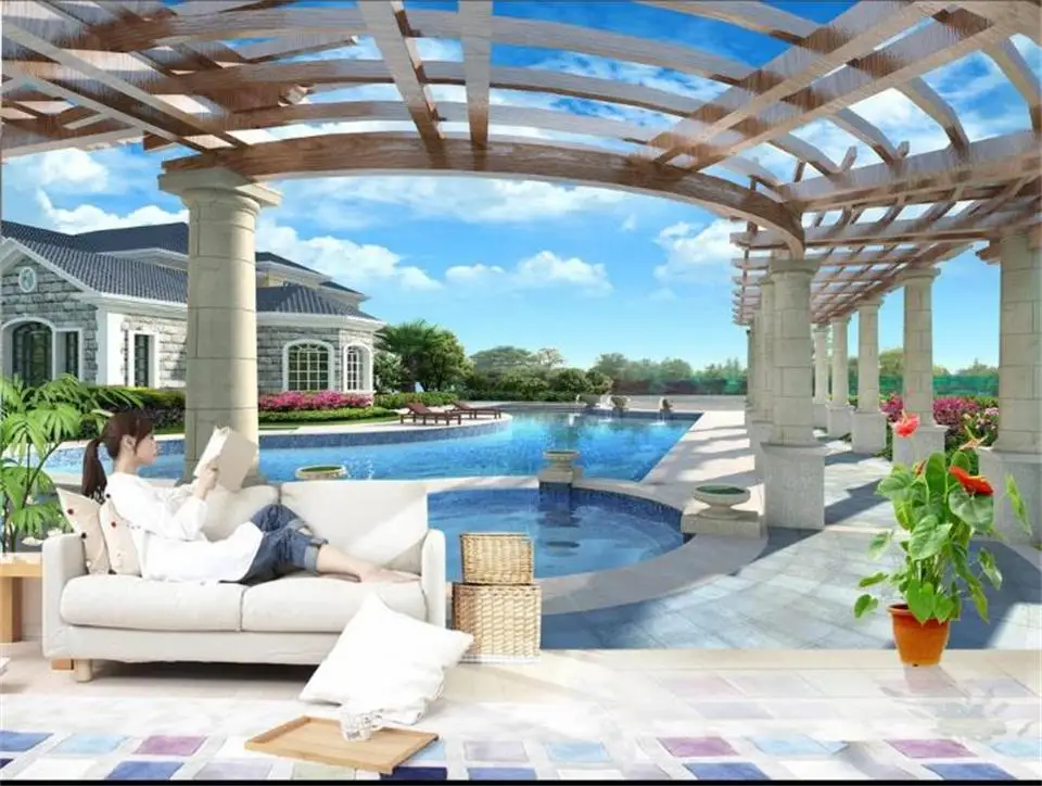 3d фотообои нестандартного размера для гостиной открытый бассейн морской домик