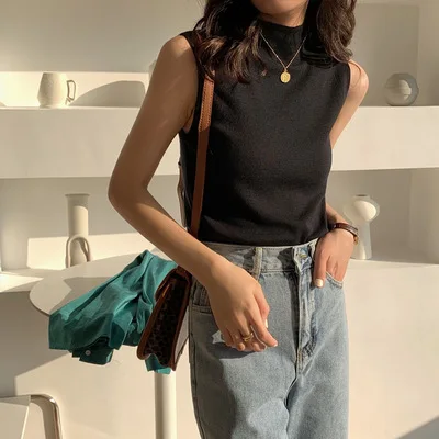 

Однотонная футболка без рукавов, женская летняя рубашка, узкая футболка с высоким воротником, серый