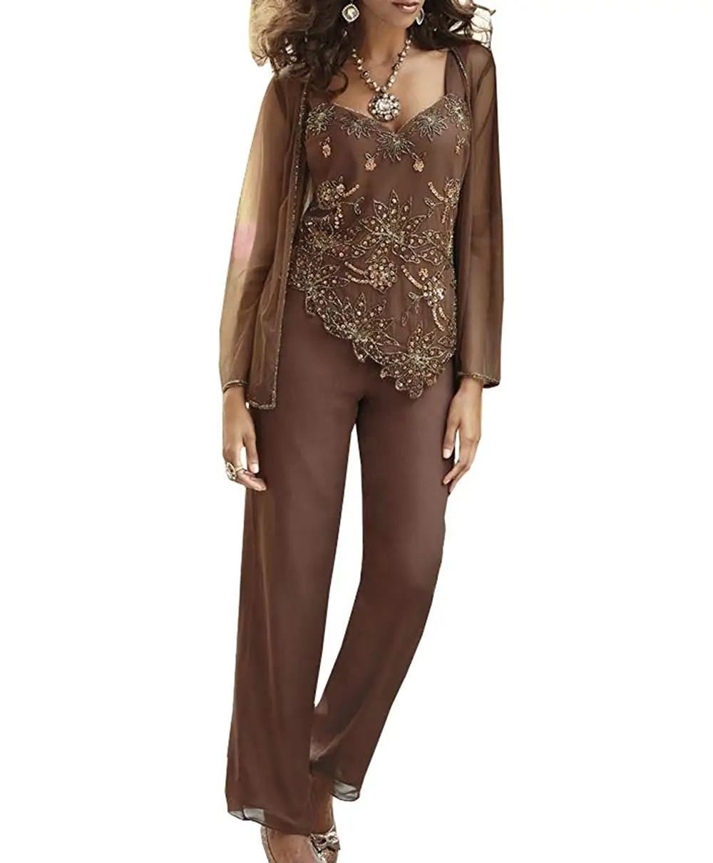 

Brown Mother Of The Bride Dresses Sheath V-neck Chiffon Beaded With Jacket Pants Suit Long Groom Mother Dresses For Weddings