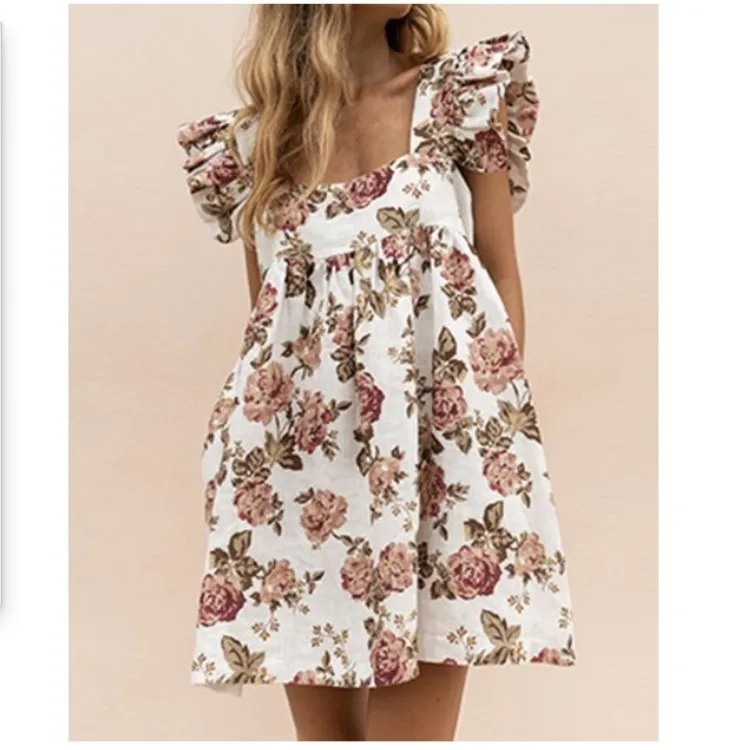 

Women's Summer Dress 2021 Square Neck Ruffle Pocket Butterfly Sleeve Loose Beach Dresses For Woman Vestido De Mujer Femme Robes