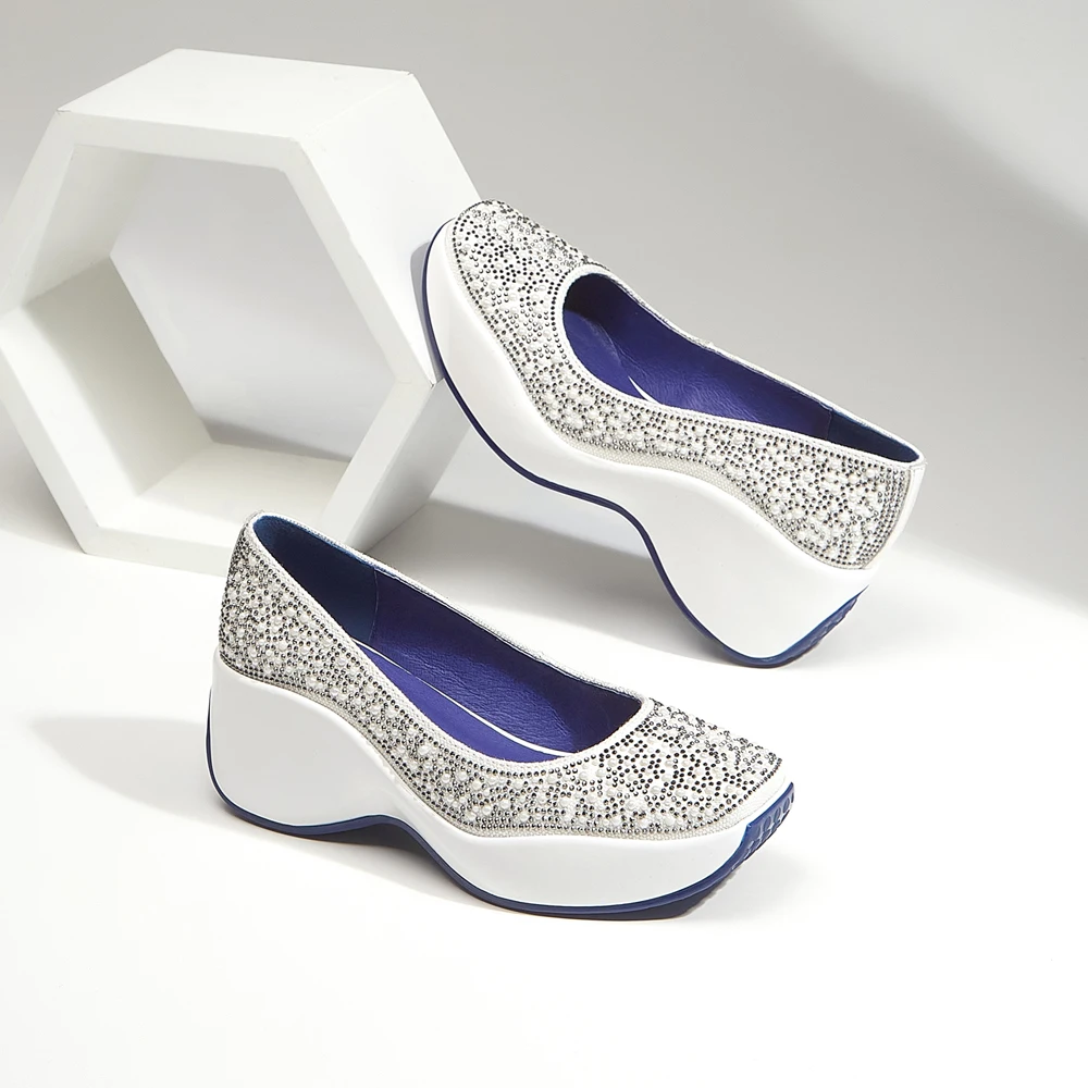 Fashion Spring Summer Women Platform Shoes High Heels Ladies Square Toes Pumps Wedges Rhinestone Girl Footwear Black White | Обувь