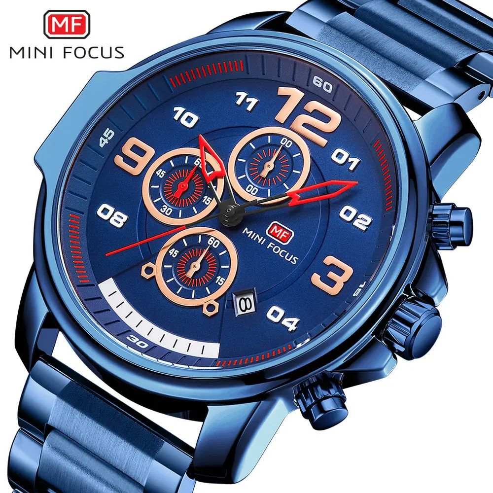 MINIFOCUS модные синие мужские часы хронограф с календарем многофункциональные