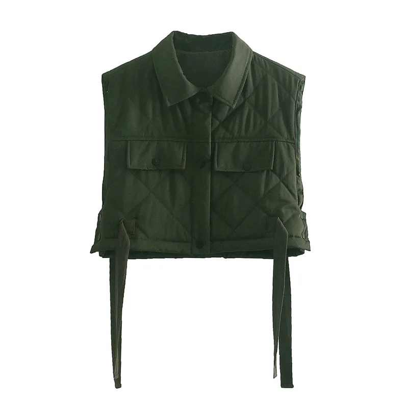 

Women Green Pocekts Quilting Cropped Vests Fashion Side Buttons Tie Turn-down Collar Waistcoat Streetwear Womens Vest