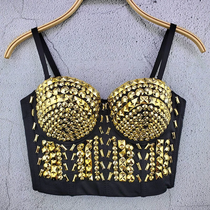 

Gold Silver New Unique Gold Rhinestone Gaga Bustier Pearls Diamond Push Up Night Club Bralette Women's Bra Cropped Tube Top D037