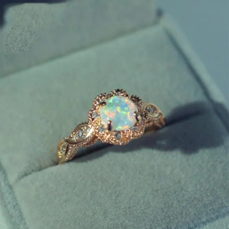 

Duoying Vintage Australian Crystal Flower Ring Female Anniversary Gift Jewelry Fashion Golden Opal Engagement / Wedding Rings