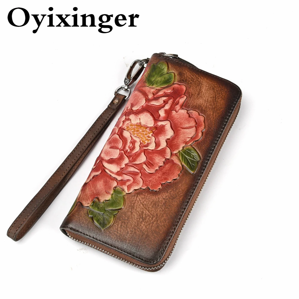 

OYIXINGER Women Wallet Genuine Leather Vintage Handmade Purse Female 2021 New Retro Floral Clutch Embossed Card Holder Ladies