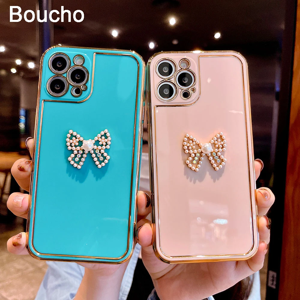 

Чехол с гальваническим жемчугом и бриллиантовым бантом для iPhone 12 Pro Mini 11Pro Max XS XR X 7 8 plus SE, роскошный простой мягкий чехол