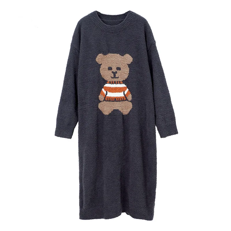 

Cute Bear Print Sleepwear Winter Warm Nightdress Thicken Velvet Sleep Dress Sweet Girl Long Skirt Long Sleeve Nightgown Homewear