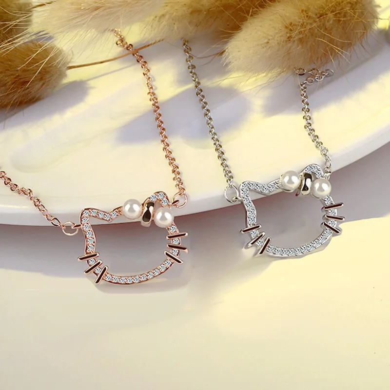

Korean version of pearl zircon pendant Kitty cat female necklace