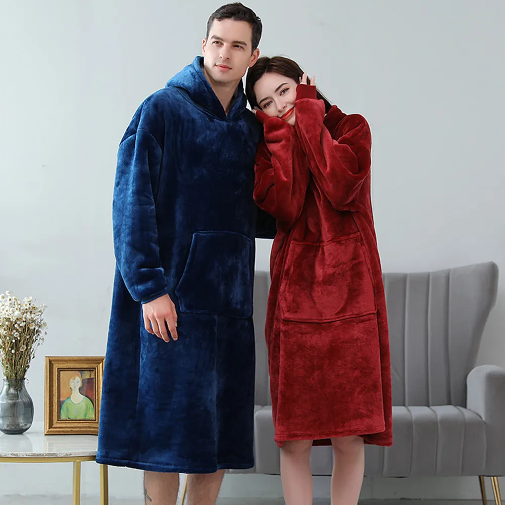 

Fdfklak Hooded Outdoor Warmth Couple Design Nightgown 2021 Winter New Loungewear Bathrobe Home Nightdress Thicken Femme